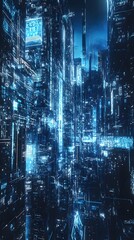 Futuristic cityscape with glowing blue digital structures.