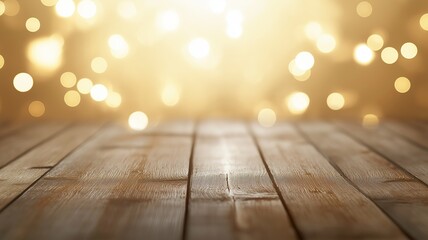 Beautiful Bokeh Lights Over a Blurred Background with Warm Tones and Wooden Surface Perfect for Holiday or Celebration Themes