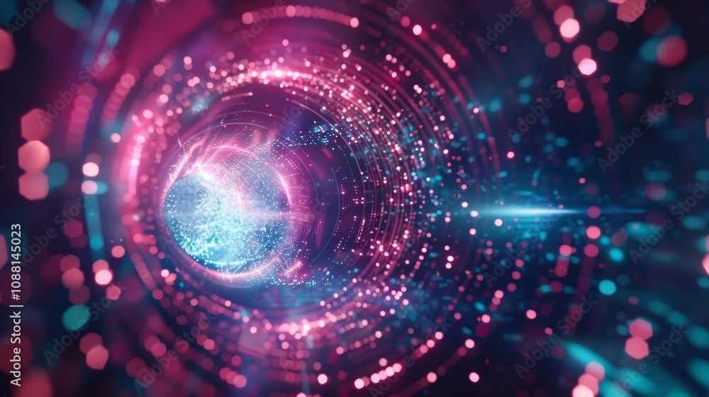 Poster glowing sphere emitting light particles rotating inside a tunnel with futuristic technology and pink