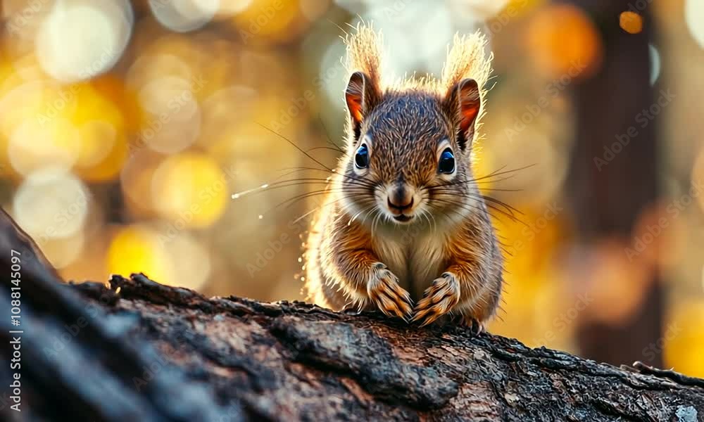 Poster Curious Squirrel Perched on Tree Branch in Autumn Forest Light : Generative AI