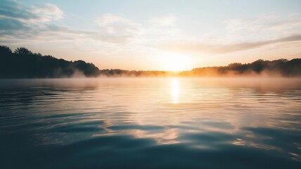 Serene Sunrise Over Foggy Lake with Tranquil Reflections and Gentle Hues, Emphasizing Nature's Calm Beauty in Early Morning Light