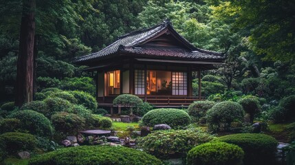 Serene Japanese Garden House at Dusk