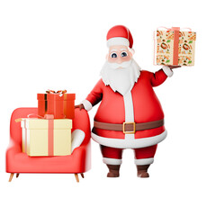 Fat Santa Cartoon Festive Christmas. A Santa Claus man stands next to a pile of gifts while his left hand holds a gift in his palm. 3D Holiday Character