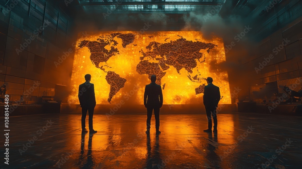 Poster global business connections executives collaborating worldwide in a futuristic environment with a wo