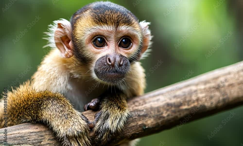 Poster Adorable Capuchin Monkey Resting on Tree Branch in Lush Green Jungle Setting : Generative AI