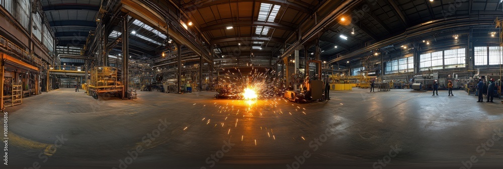 Leinwandbilder In a large industrial workshop, workers actively perform welding tasks while sparks fly in various directions throughout the space. Generative AI