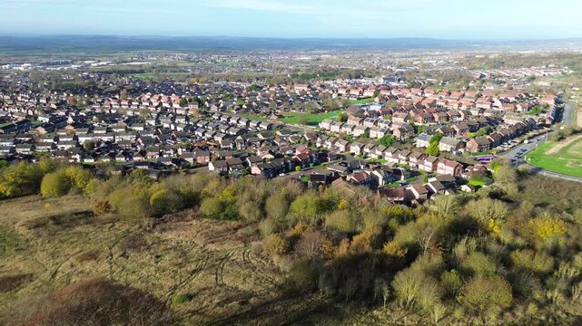 Aerial pulling away from of housing estate. Seven Sisters - Houghton-le-Spring, County Durham, UK