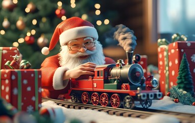 Santa Claus enjoys playing with a toy train by a decorated Christmas tree, surrounded by colorful presents.