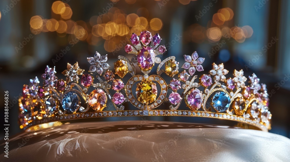 Poster a sparkling tiara adorned with colorful gemstones, elegantly displayed against a softly illuminated 