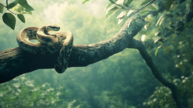 A giant python rests gracefully on a thick tree branch, surrounded by lush greenery in a tranquil forest setting.