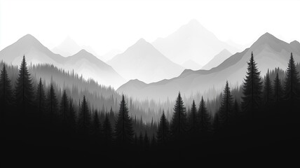 Serene Abstract Landscape of Foggy Mountains and Silhouetted Trees in Monochrome Shades for Tranquil Nature Aesthetics and Artistic Inspirations