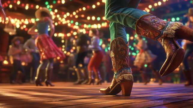 Closeup of feet in cowboy boots dancing at a lively country bar with string lights and a crowd of people.