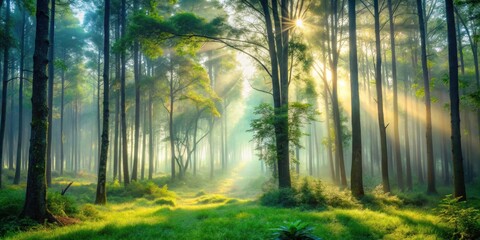 Serene morning in a misty forest , nature, trees, foggy, sunlight, peaceful, tranquil, fresh air, greenery, wildlife, tranquility