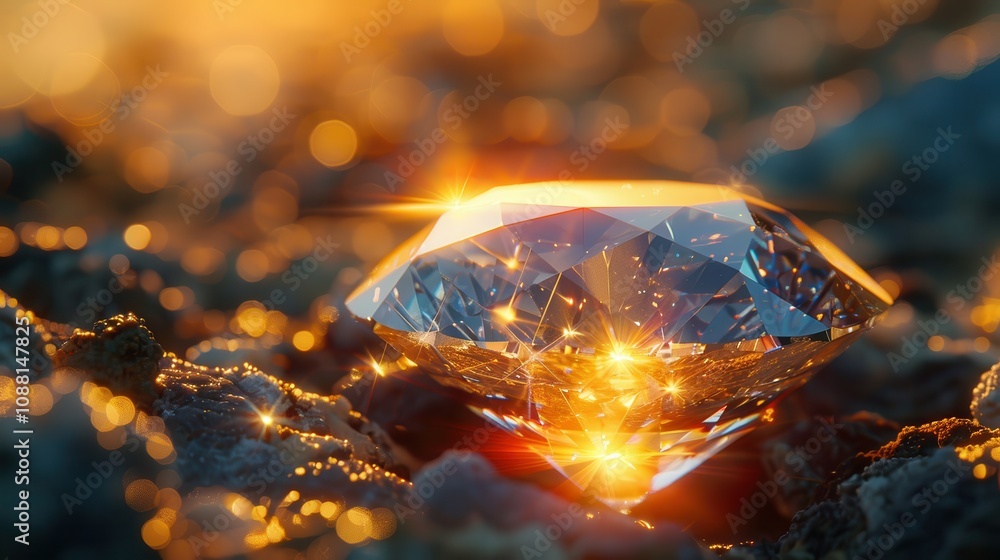 Poster a sparkling diamond rests on textured ground, reflecting warm sunlight, creating a mesmerizing displ