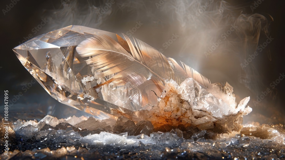 Poster a stunning crystal with intricate facets, illuminated by soft light, resting on a bed of sparkling g