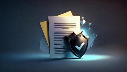 A digital shield protects documents, symbolizing security, trust, and verification in data management.