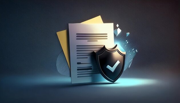 A digital shield protects documents, symbolizing security, trust, and verification in data management.