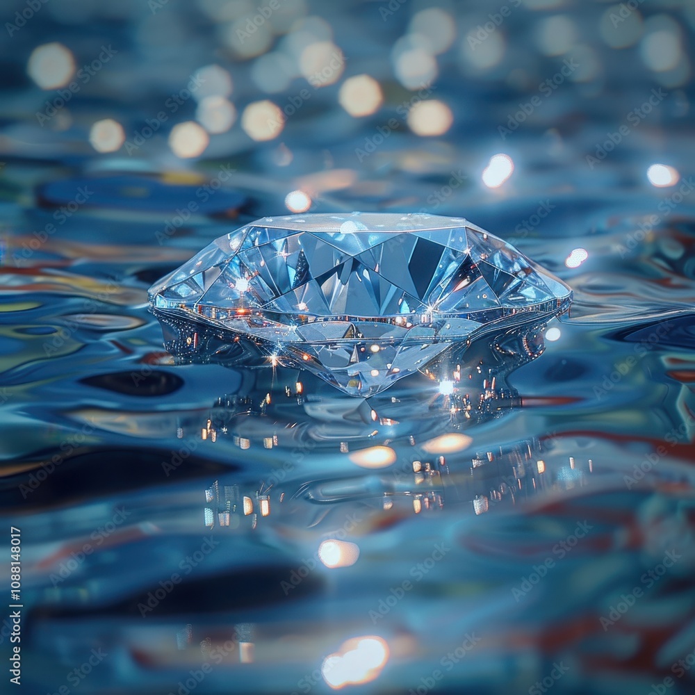 Poster a sparkling diamond floats on shimmering blue water, reflecting light and creating a mesmerizing vis