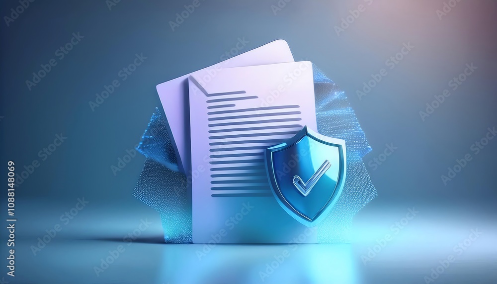 Poster a digital illustration featuring secure documents and a shield, symbolizing data protection and veri