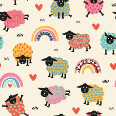 Cute colorful sheep seamless pattern. Sheep with rainbows and hearts. 