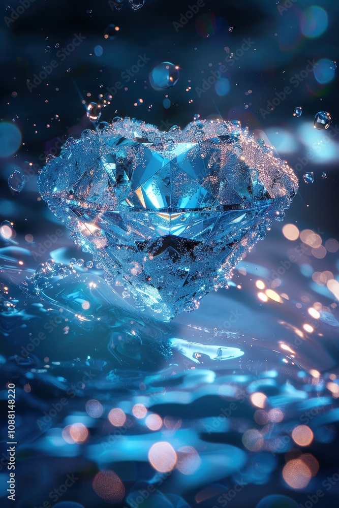 Poster a shimmering heart-shaped object emerges from water, surrounded by bubbles and sparkling light, crea