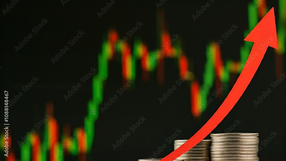 Poster stack of coins against a backdrop of stock market graph with a rising arrow indicating growth.