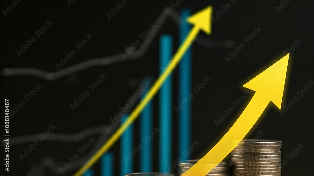 Poster ascending coin stacks with upward arrows indicating growth on a graph chart background.