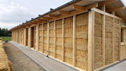Walls constructed with insulated straw bales offering exceptional thermal performance and sustainability.