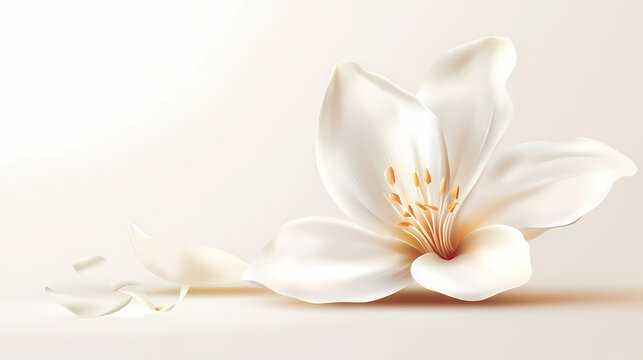 Single white orchid bloom on a clean white background, with delicate petals and soft shadows, emphasizing the pure simplicity of the flower. Delicate Flower Petals. Illustration