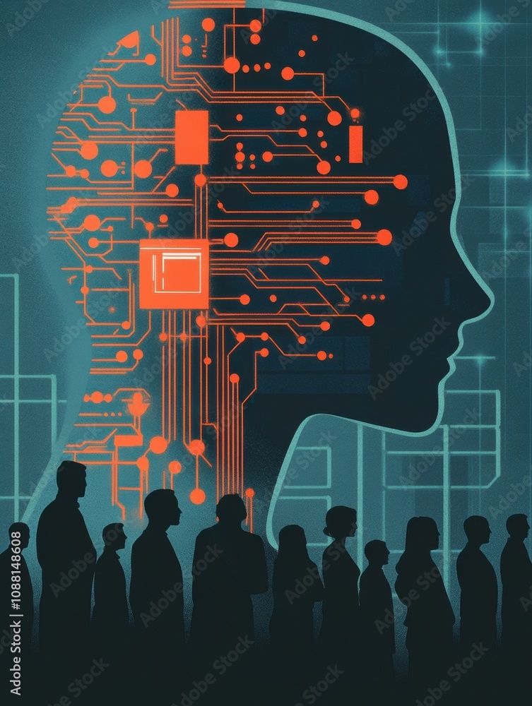 Poster A group of individuals stands in front of an abstract AI representation, engaging in discussions about technology and its impact. Generative AI