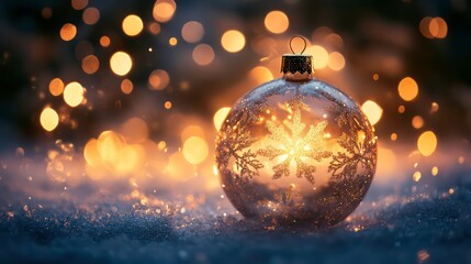 A single, gold Christmas ornament with a snowflake design sits on a bed of snow with a warm, blurry background of twinkling lights.