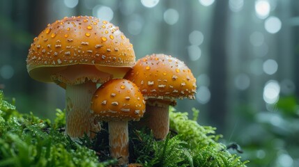 Obraz premium Three Vibrant Orange Mushrooms, Amanita Muscaria, Growing on Moss in a Forest Setting