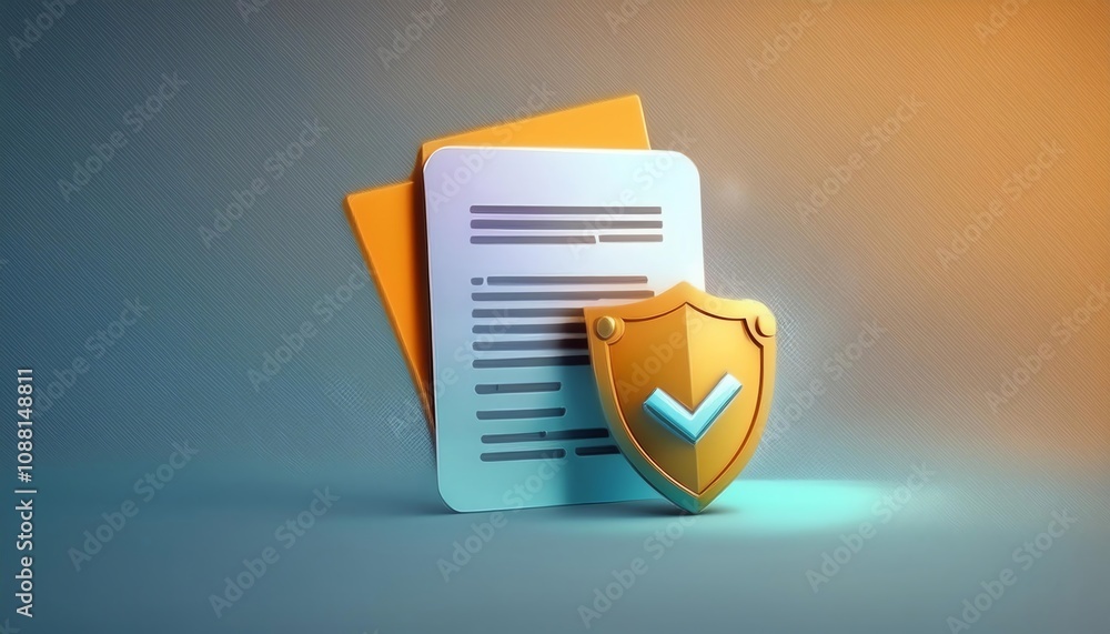 Poster a digital illustration of a shield symbolizing security, accompanied by documents, representing data