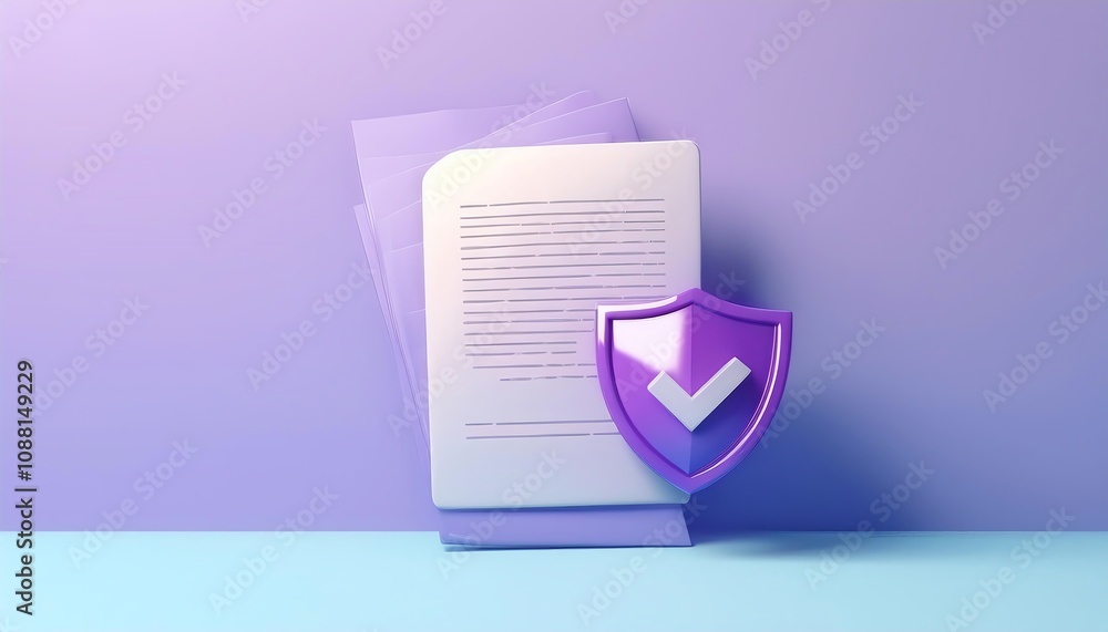 Poster a stylized document with text is displayed against a purple background, accompanied by a purple shie
