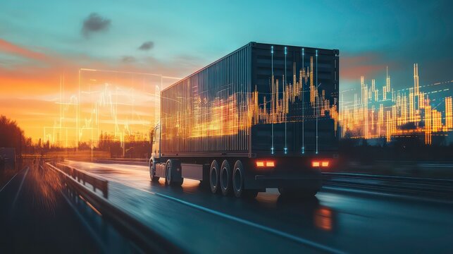 A cargo truck illuminated by sunset light with financial charts overlaid, symbolizing logistics and economic trends. - Powered by Adobe
