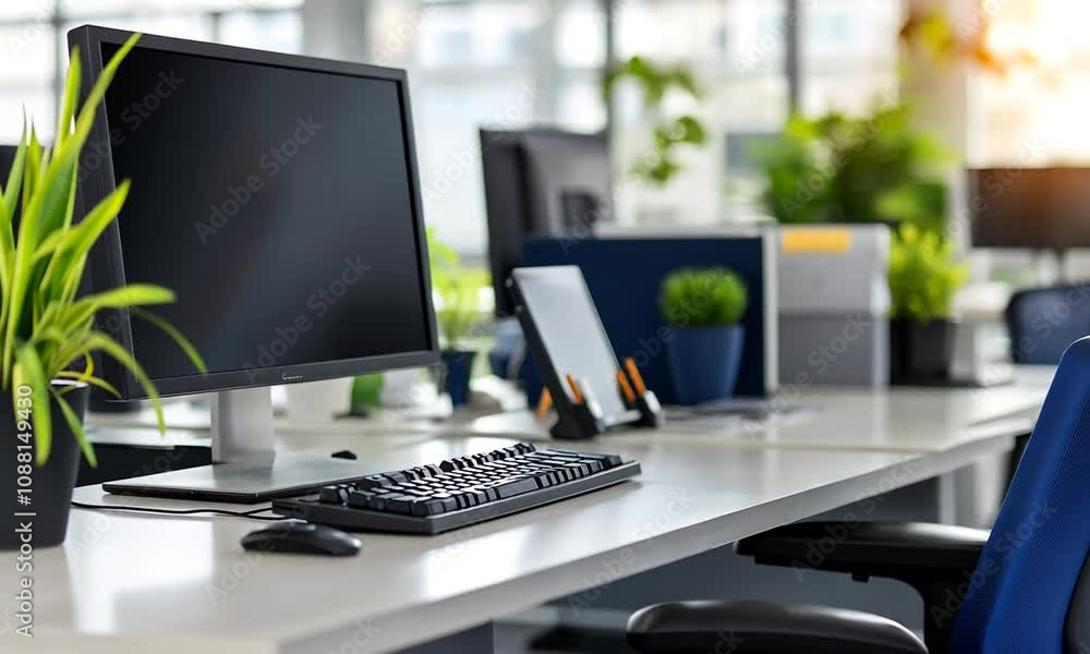 Aufkleber modern open office space with green plants and technology setup : generative ai