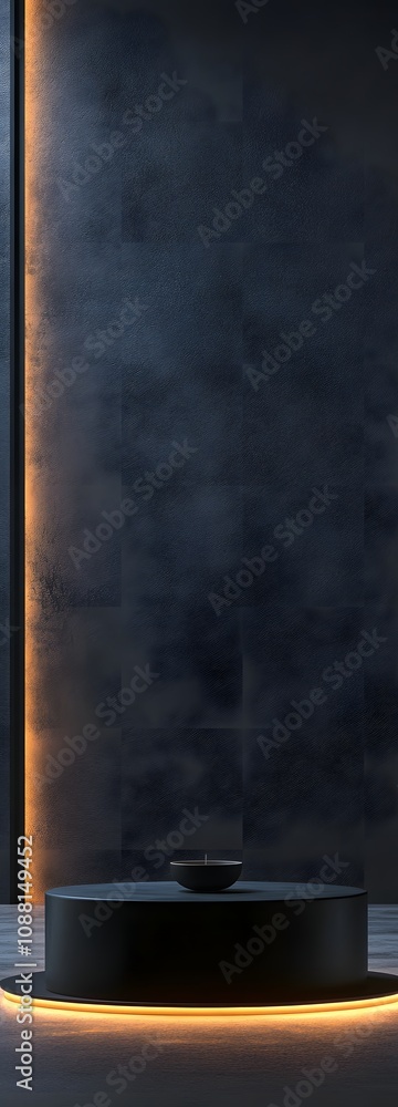 Poster 39. a minimalist black podium, illuminated gently, creating a spacious and clean area for a product 