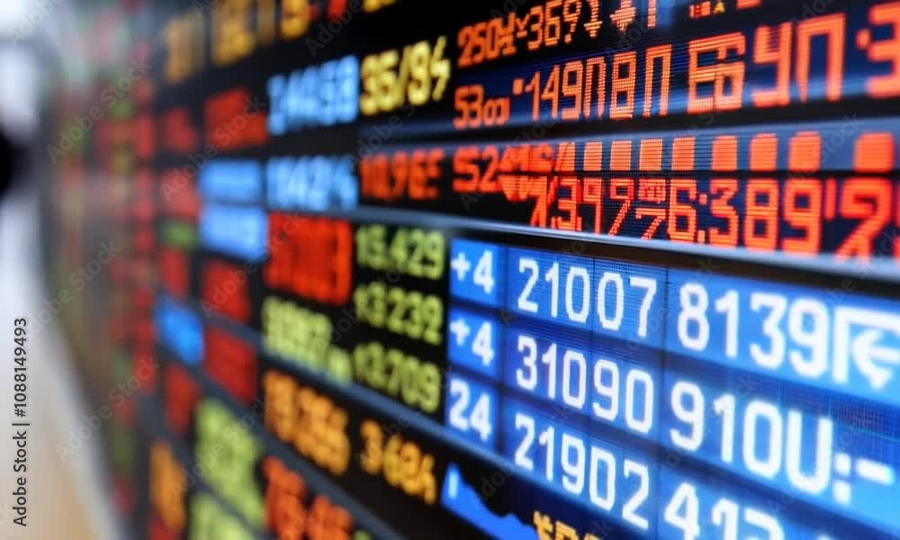 Aufkleber Digital Stock Exchange Board Display with LED Numbers in Finance Environment : Generative AI