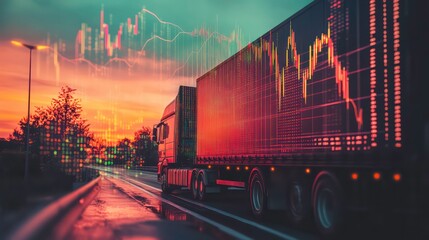 A semi-trailer truck drives on a highway at sunset, with a stock market chart overlayed on the side of the trailer.