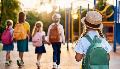 Obraz premium Back View of Hatted Young Girl with Friends Using a Backpack Going to Playground. Back to School Consept.