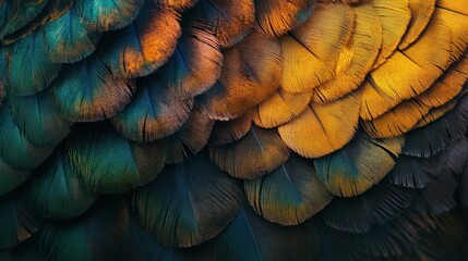 Fototapeta premium A Tapestry of Teal, Gold, and Bronze: Exquisite Bird Feathers