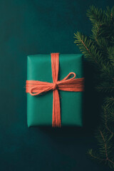 Teal Gift Box with Coral Twine and Pine Branch