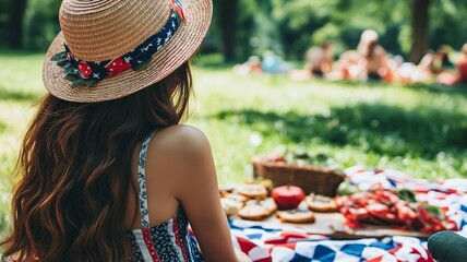 Young Woman in Summer Hat Enjoying Picnic During Fourth of July Celebration Surrounded by Friends in Lush Green Park Setting