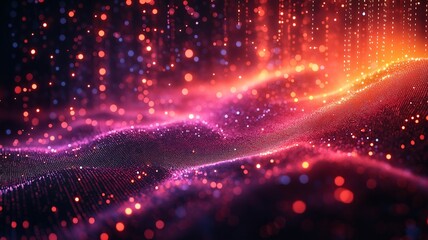 Obraz premium Colorful 3D Visualization of Network Diagram Featuring Nodes Connected by Bright Particles in a Dynamic Flow of Light and Color