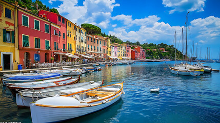 A marina filled with boats during summer with calm waters and vibrant surroundings 