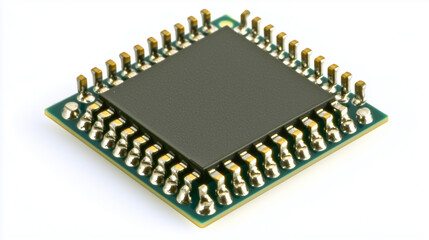 Close-up of semiconductor chip with detailed electronic components and circuits on clean white background, ideal for tech and engineering projects