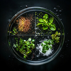 A clear petri dish divided into four sections. Each holds different herbs and spices.