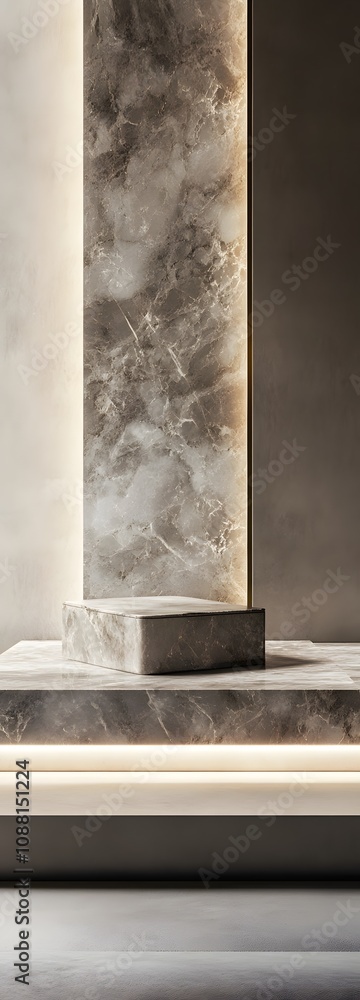Aufkleber 25. a luxurious podium with a marble surface, softly lit from beneath, creating an open area for a p