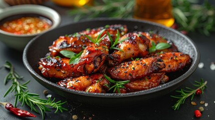 Fototapeta premium Close-up of Delicious Grilled Chicken Wings with Herbs and Spices, Restaurant Food Photography