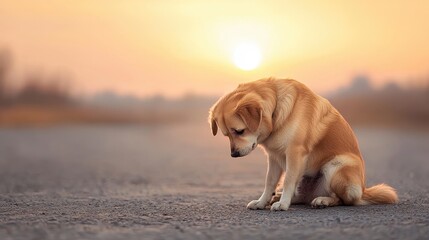 Obraz premium Lonely dog sitting on rural road at sunset with lowered head and posture suggesting sadness or possible health issue